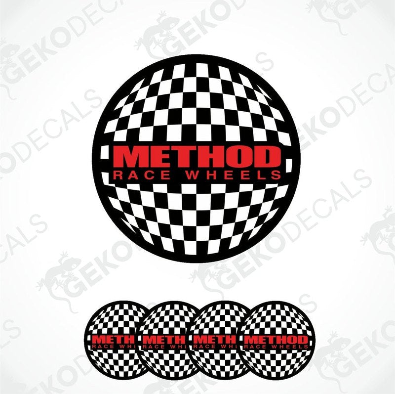 A set of four round vinyl stickers with a checkered pattern and the text 'METHOD RACE WHEELS' on them.
