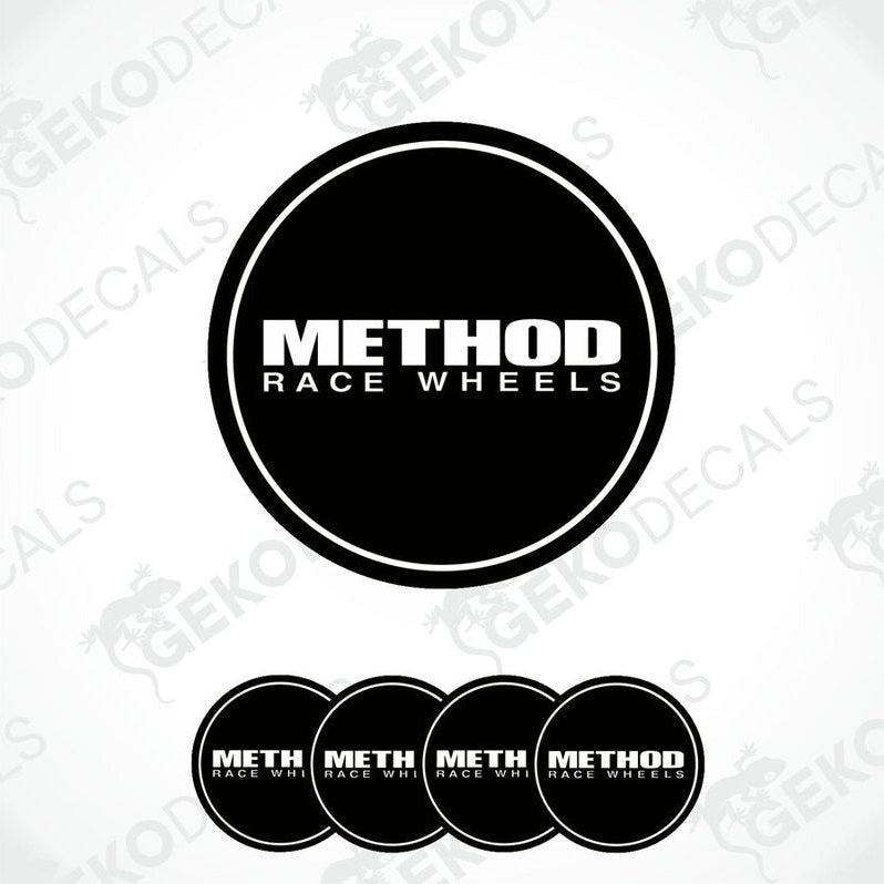 Set of four round vinyl decals with the text 'METHOD RACE WHEELS' in white on a black background.