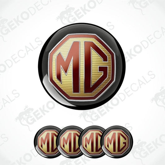 A set of epoxy decals with a geometric design featuring the letters 'MG', predominantly in red and gold colors with a black background.