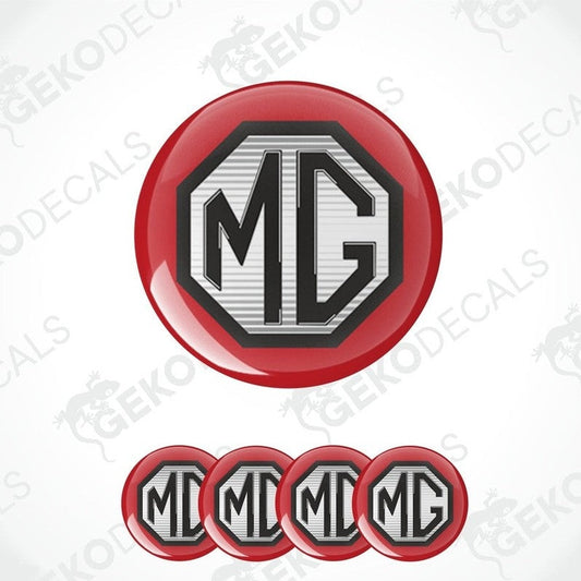 A set of four red round car decals with the white MG logo in the center.