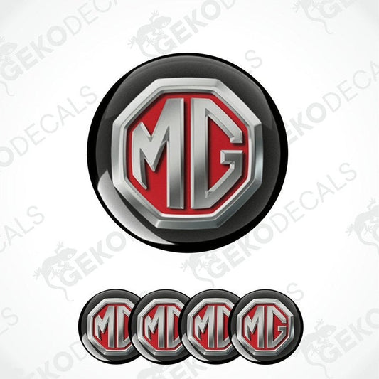A set of four red, black, and silver vinyl stickers with the MG logo.