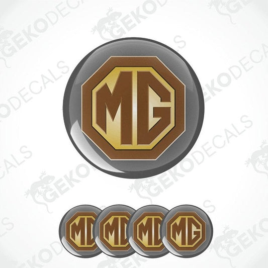 A set of four round vinyl stickers with a geometric design and the letter 'MG' in the center.