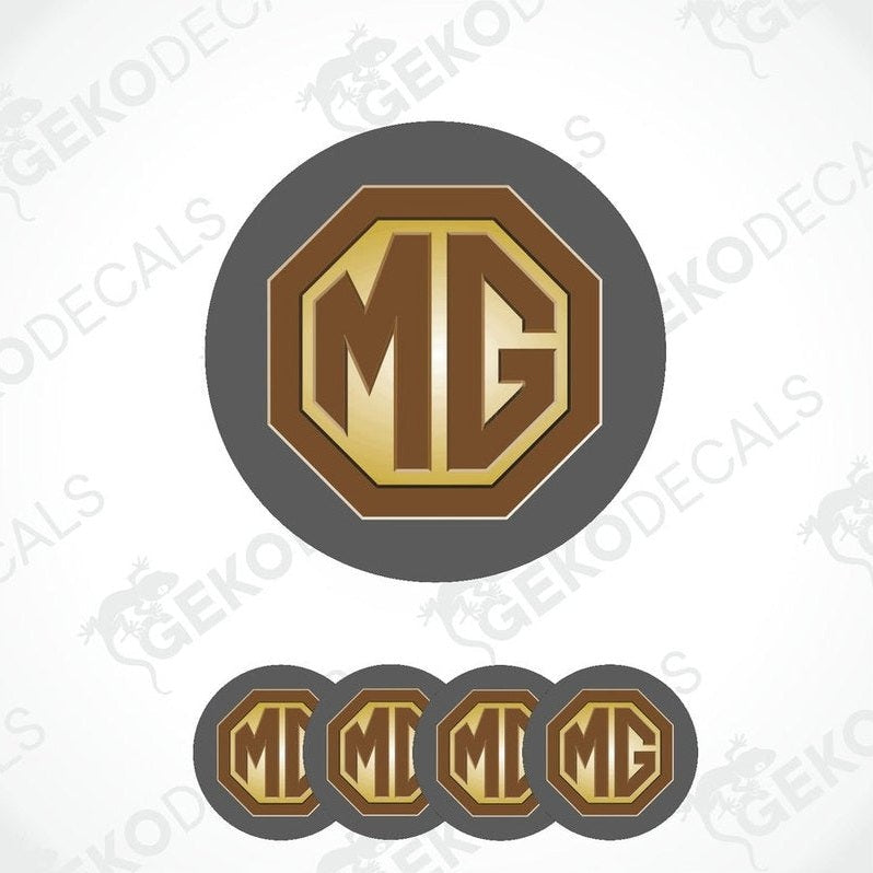 A set of four round vinyl stickers with a geometric design and the letter 'MG' in the center.