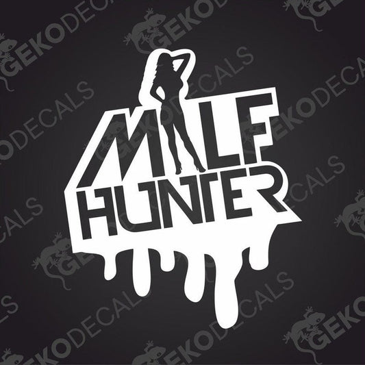 This image features a bold and eye-catching decal with the phrase "MILF HUNTER" prominently displayed. The design includes a stylized graphic of a woman silhouette within the lettering, creating a striking visual impact.