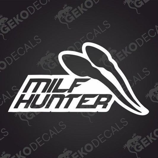MILF HUNTER written in italics and on the right two spermatozoa floating upwards.