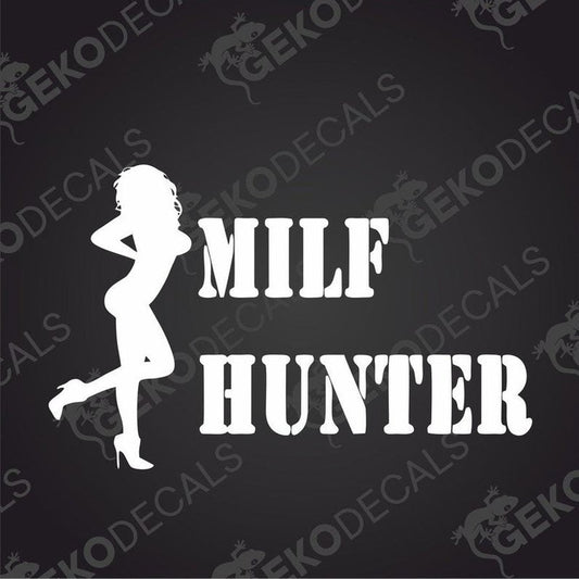This image features a bold and eye-catching decal titled "MILF HUNTER" used in army-styled font. The decal showcases a graphic of a woman in a suggestive pose.