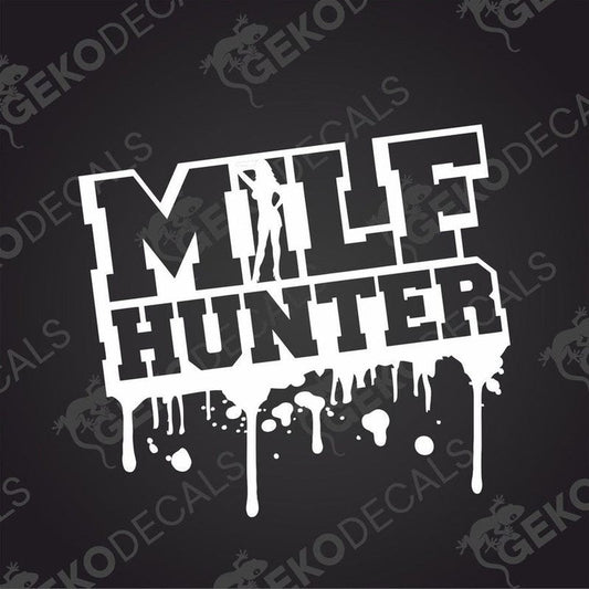 This image displays a bold and eye-catching car sticker named "MILF HUNTER". The sticker features a striking design with white text over a black background, designed for use on car windows and bumpers.