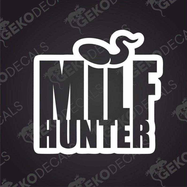 This image features a bold and eye-catching vinyl decal with the text "MILF HUNTER" prominently displayed. The decal is designed in a large, blocky font that stands out against a black background, creating a striking contrast. Above is the silhouette of a spermatozoon.