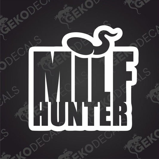 This image features a bold and eye-catching vinyl decal with the text "MILF HUNTER" prominently displayed. The decal is designed in a large, blocky font that stands out against a black background, creating a striking contrast. Above is the silhouette of a spermatozoon.