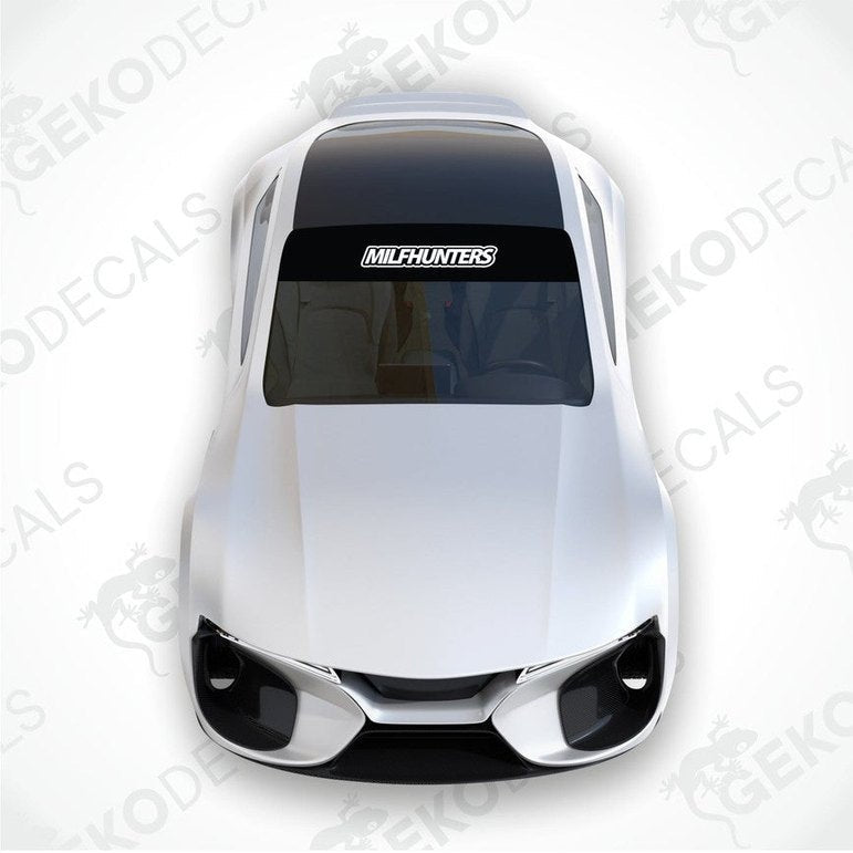 Black car windshield sun visor with white text MILFHUNTERS