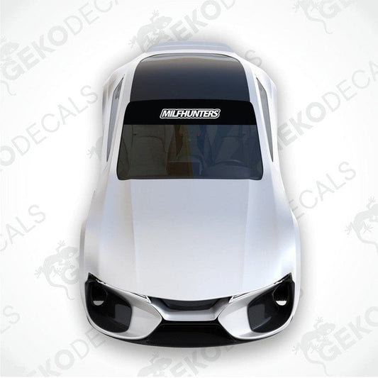 Black car windshield sun visor with white text MILFHUNTERS