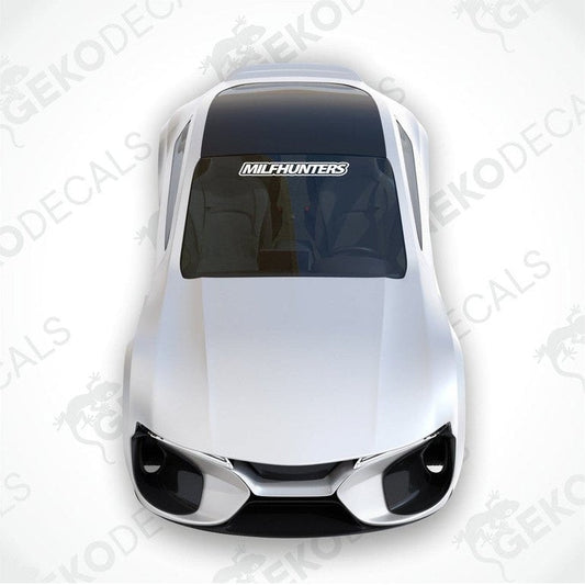 White car windshield sticker with cut-out text MILFUNTERS