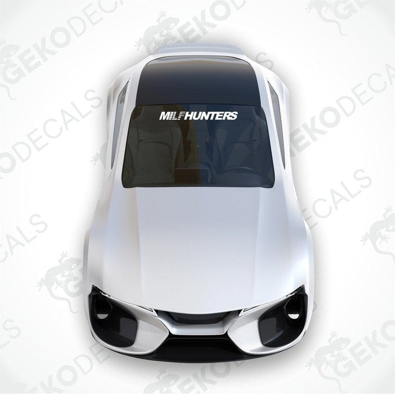 White car windshield sticker with cut-out text MILFUNTERS