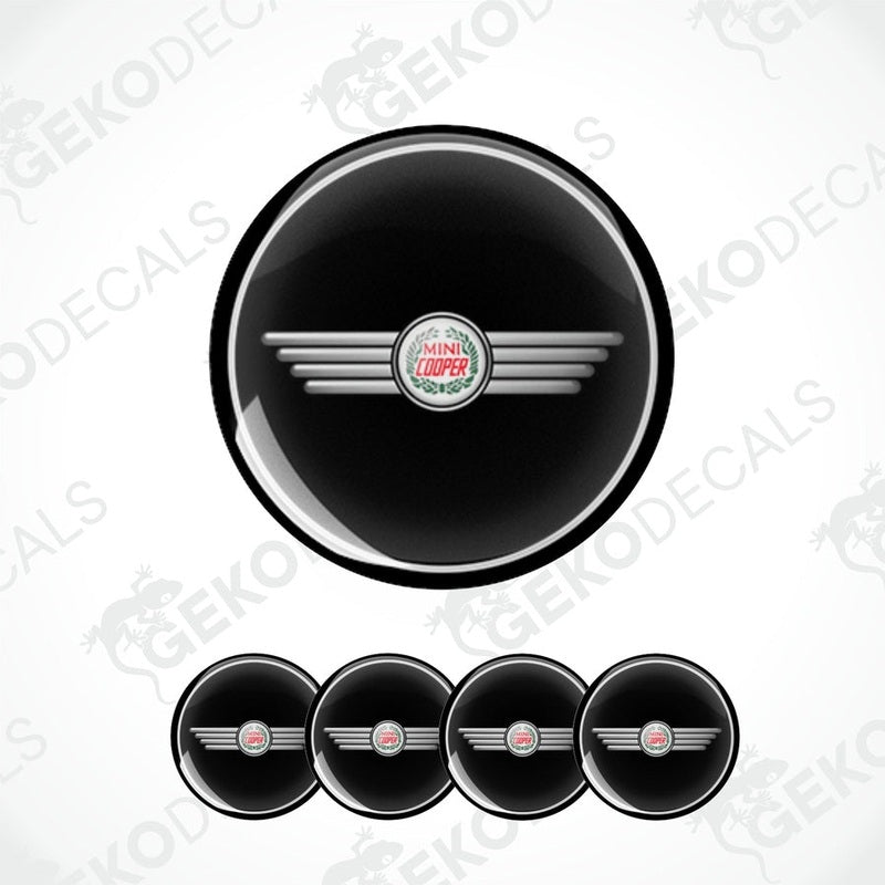 A set of four black vinyl stickers with a white and red geometric design, representing a MINI COOPER logo.