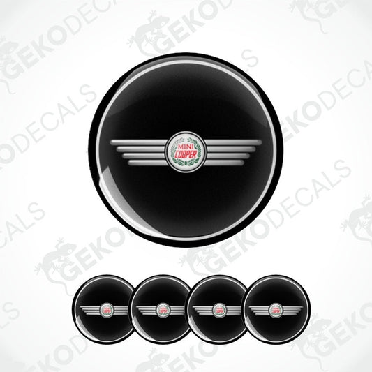 A set of four black vinyl stickers with a white and red geometric design, representing a MINI COOPER logo.