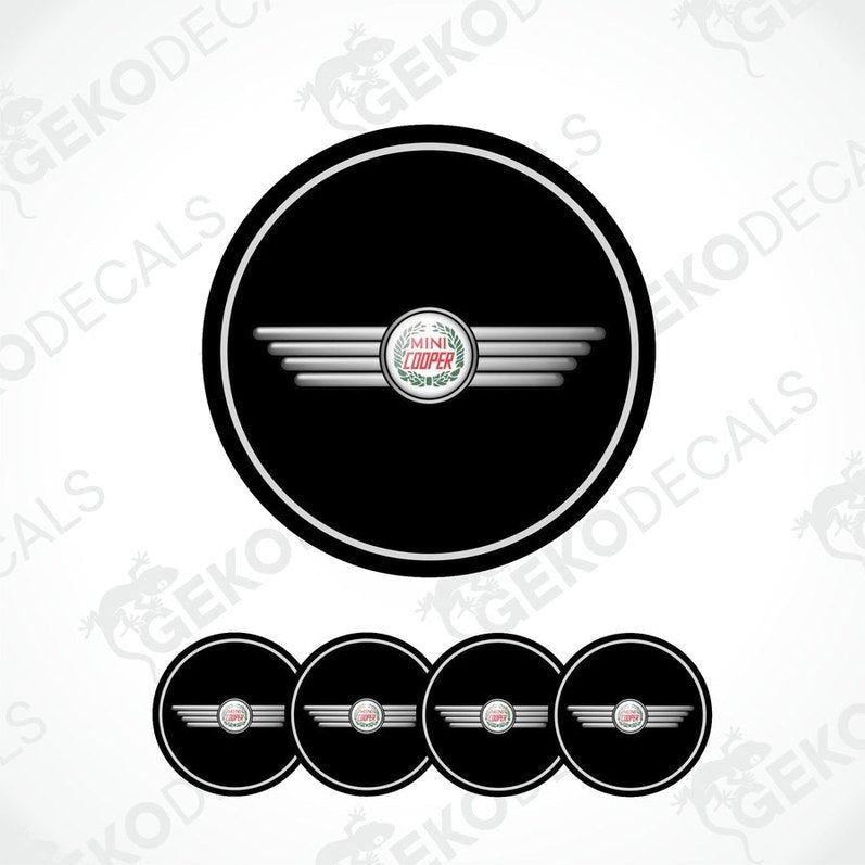 A set of four black vinyl stickers with a white and red geometric design, representing a MINI COOPER logo.
