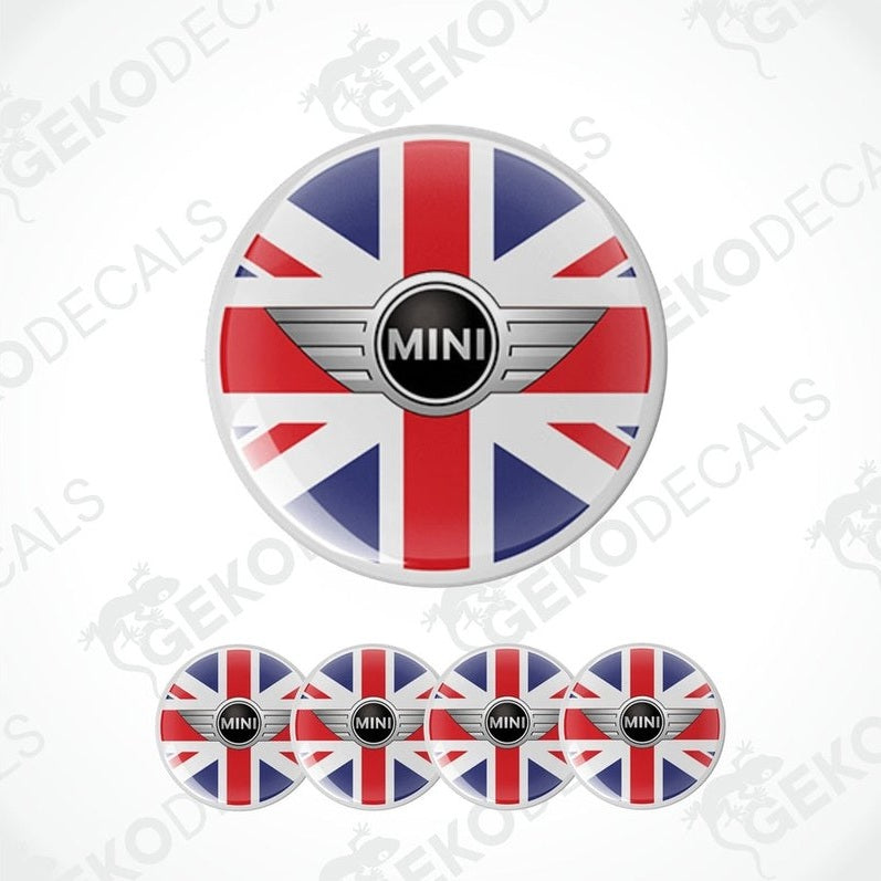 A set of four vinyl stickers with a British flag design and the Mini Cooper logo on them.