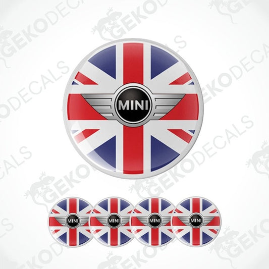 A set of four vinyl stickers with a British flag design and the Mini Cooper logo on them.