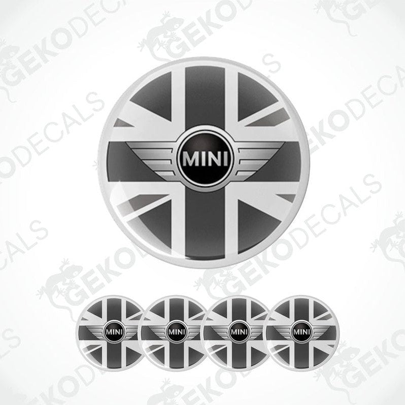 A set of vinyl decals for a car, featuring the Union Jack flag and the MINI Cooper logo.