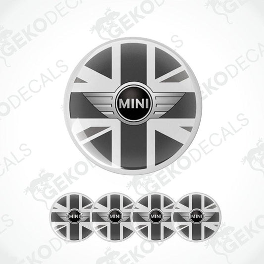 A set of vinyl decals for a car, featuring the Union Jack flag and the MINI Cooper logo.