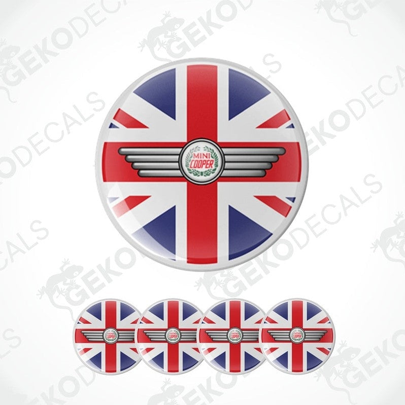 A set of vinyl decals with a Union Jack design and a Mini Cooper emblem.