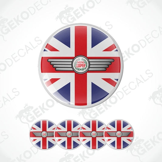 A set of vinyl decals with a Union Jack design and a Mini Cooper emblem.