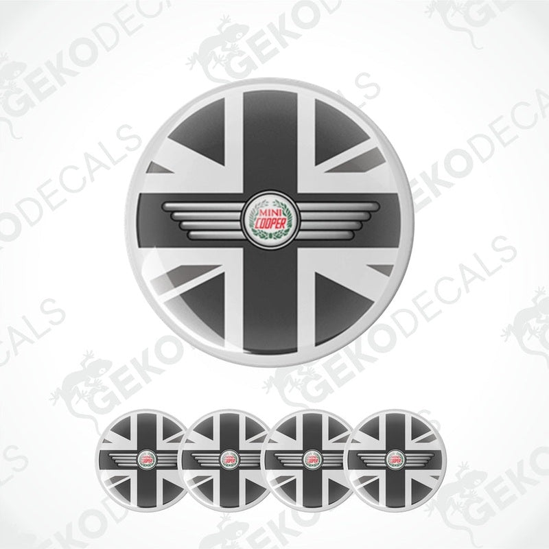 A set of four round vinyl stickers with a design of the British flag and the word 'MINI COOPER' in the center, displayed on a white background.