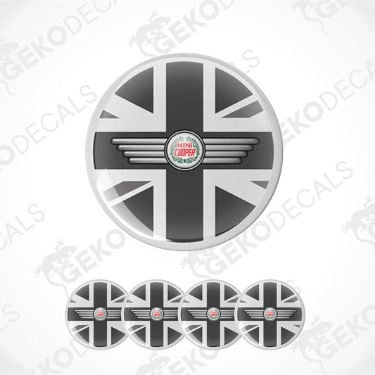 A set of four round vinyl stickers with a design of the British flag and the word 'MINI COOPER' in the center, displayed on a white background.