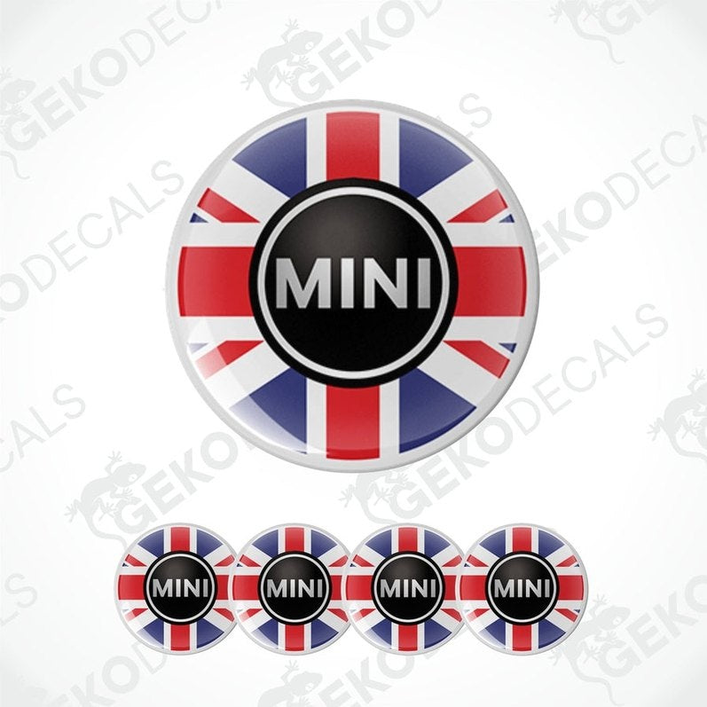 A set of four vinyl stickers with a British flag design and the Mini Cooper logo on them.