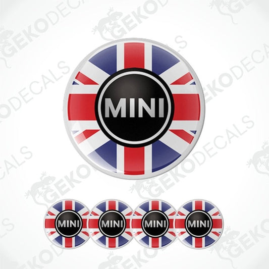 A set of four vinyl stickers with a British flag design and the Mini Cooper logo on them.