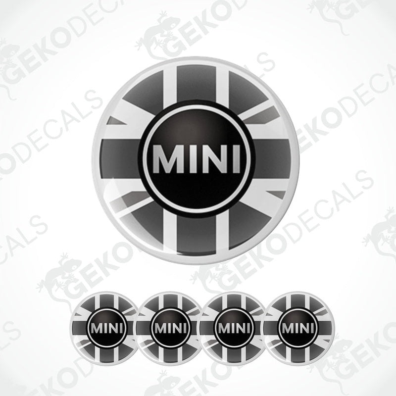 A set of four vinyl stickers with a British flag design and the Mini Cooper logo on them.
