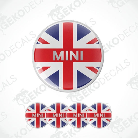 A set of four round vinyl stickers with a design of the British flag and the word 'MINI' in the center, displayed on a white background.