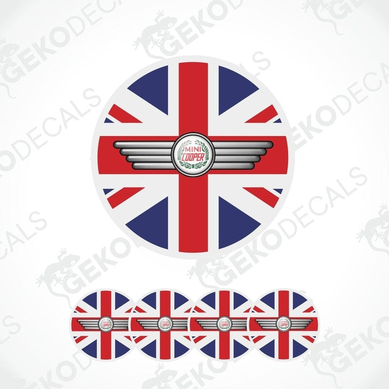 A set of vinyl decals with a Union Jack design and a Mini Cooper emblem.