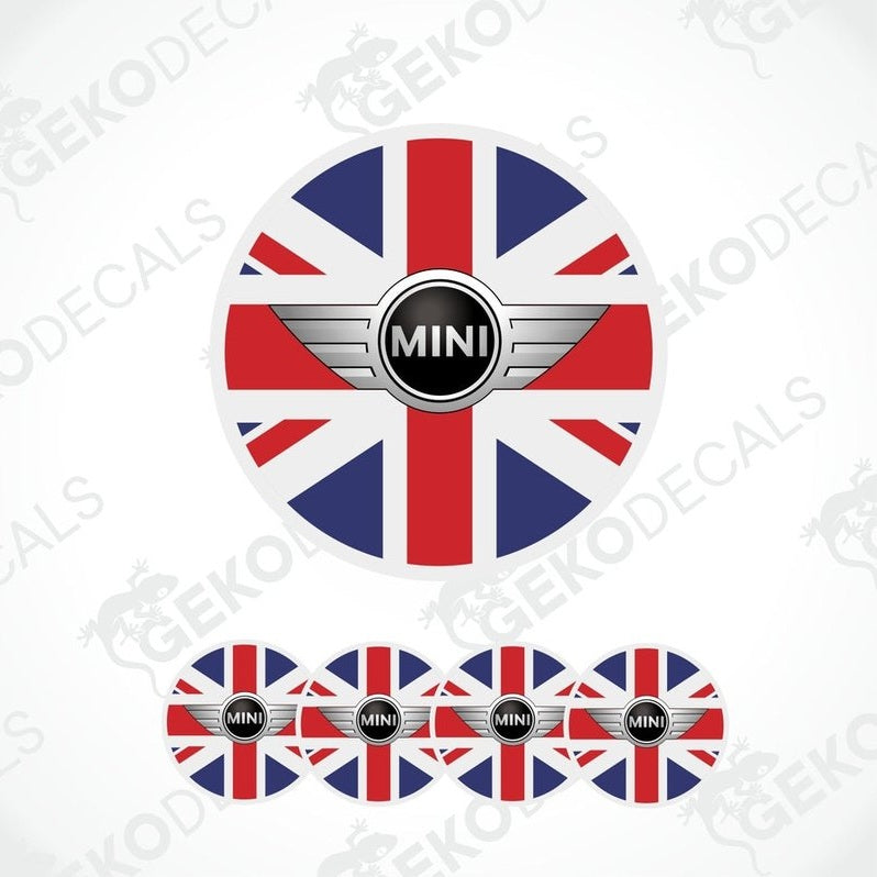 A set of four vinyl stickers with a British flag design and the Mini Cooper logo on them.