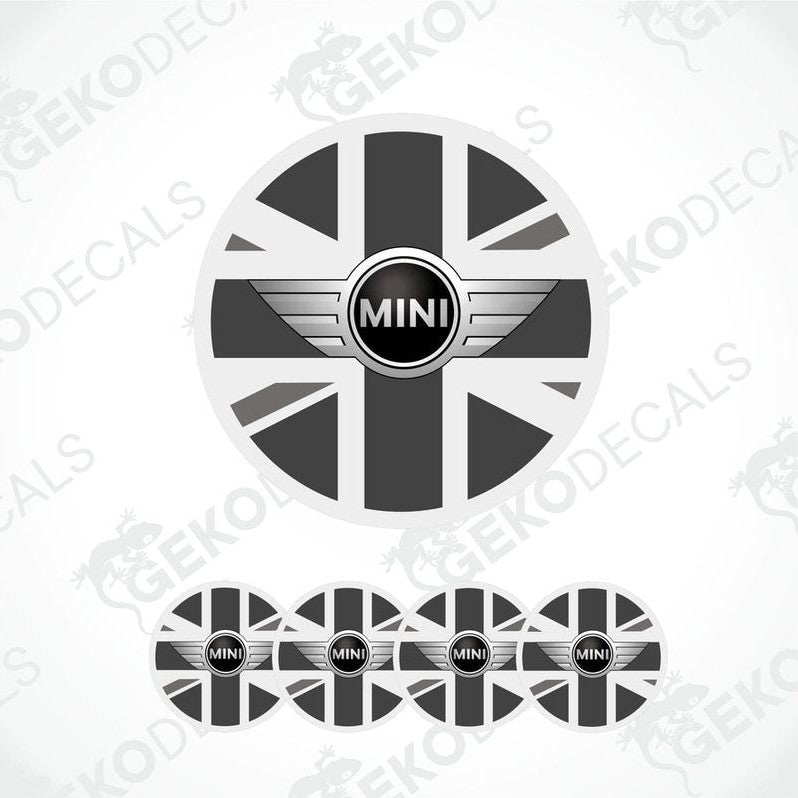 A set of vinyl decals for a car, featuring the Union Jack flag and the MINI Cooper logo.