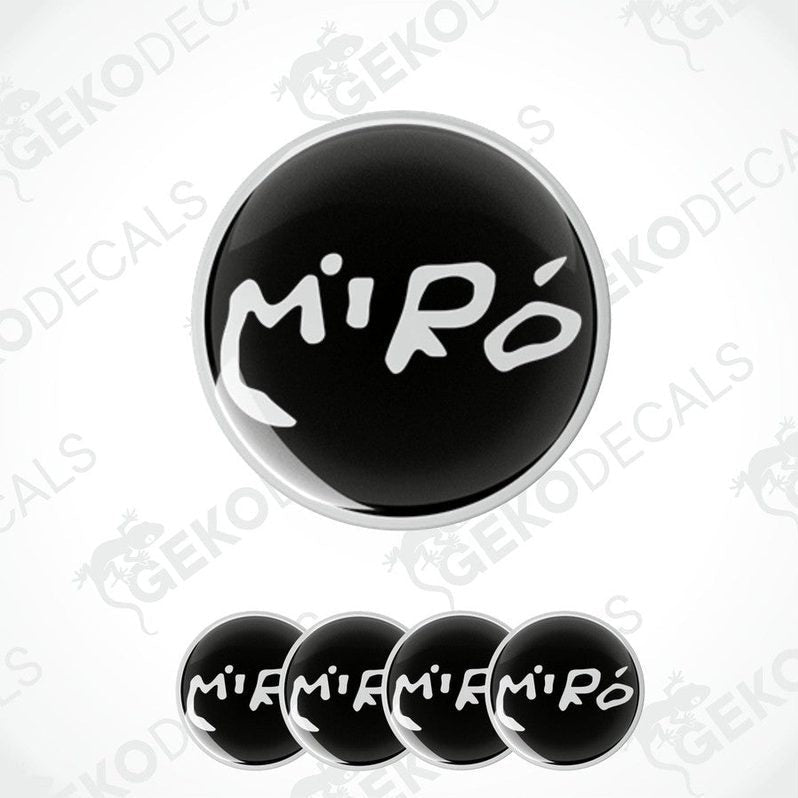 A set of four black vinyl stickers with the word 'MIRO' written in white.