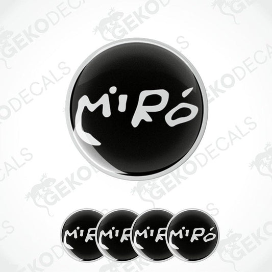 A set of four black vinyl stickers with the word 'MIRO' written in white.