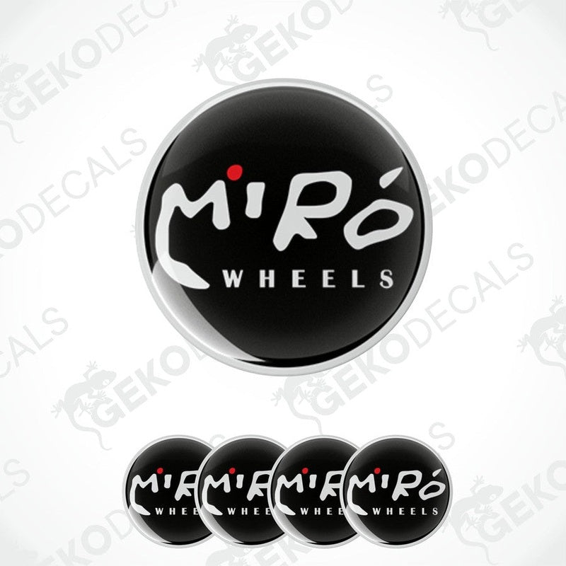 A set of four black vinyl stickers with the text 'MIRO Wheels' in white and red spot.