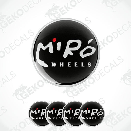 A set of four black vinyl stickers with the text 'MIRO Wheels' in white and red spot.