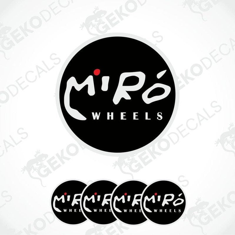 A set of four black vinyl stickers with the text 'MIRO Wheels' in white and red spot.