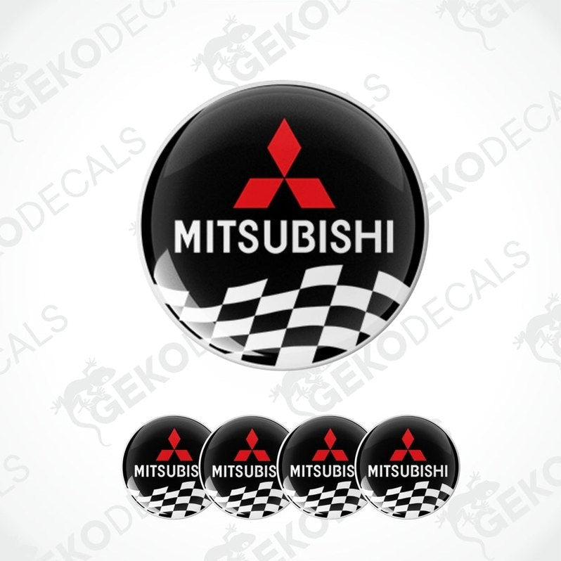 A set of four Mitsubishi car decals with a checkered pattern and Mitsubishi logo.