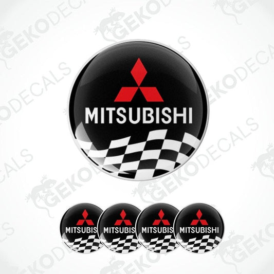 A set of four Mitsubishi car decals with a checkered pattern and Mitsubishi logo.