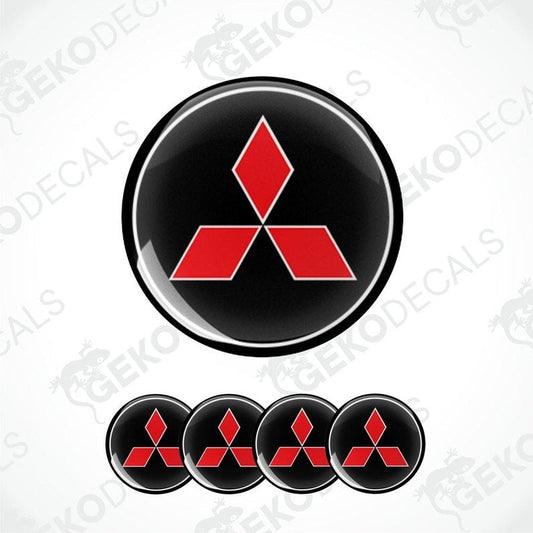 Set of four Mitsubishi car wheel decals with red and black color scheme.