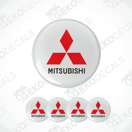 A set of four Mitsubishi car decals with the red and white Mitsubishi logo.