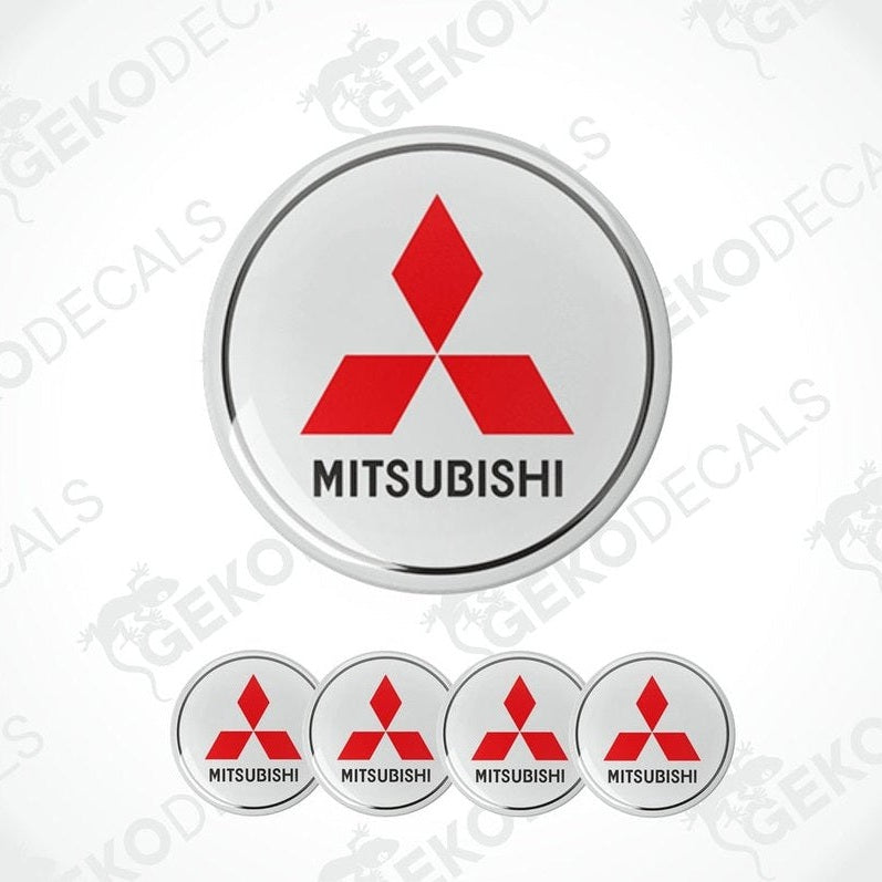 A set of four Mitsubishi car decals with the red and white Mitsubishi logo.