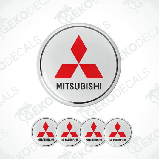 A set of four Mitsubishi car decals with the red and white Mitsubishi logo.