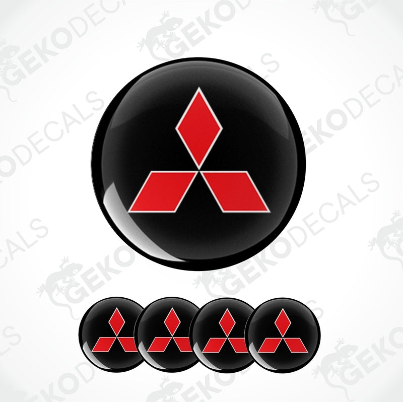 Set of four Mitsubishi car wheel decals with red and black color scheme.