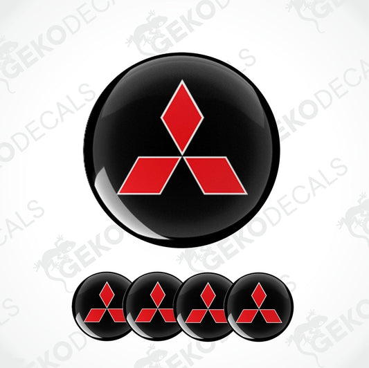 Set of four Mitsubishi car wheel decals with red and black color scheme.