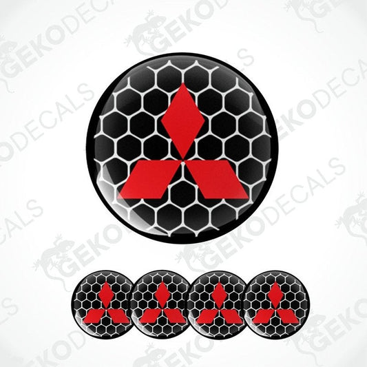 A set of four Mitsubishi car decals with a checkered pattern and Mitsubishi logo.