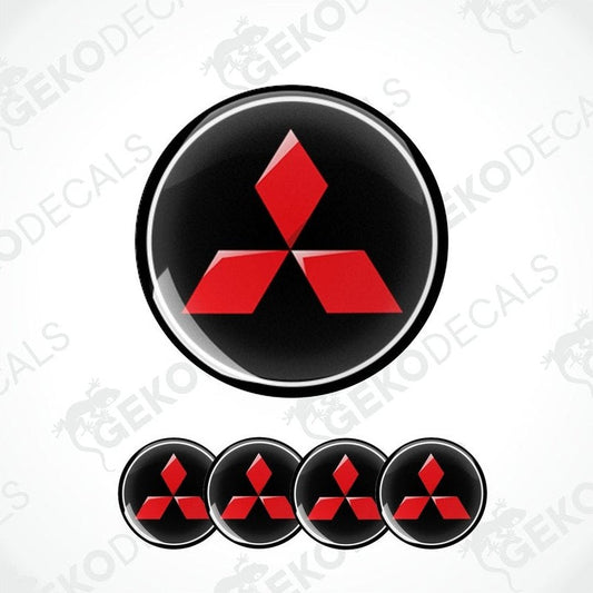 Set of four red and black Mitsubishi car wheel decals.